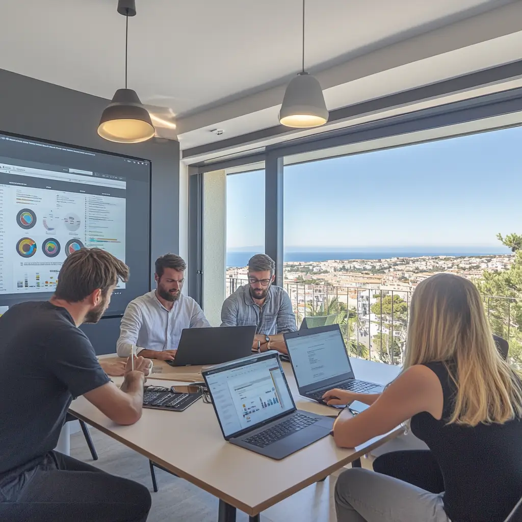 Équipe d'une agence SEO à Nice travaillant sur des stratégies d'optimisation de sites internet avec vue sur la ville.