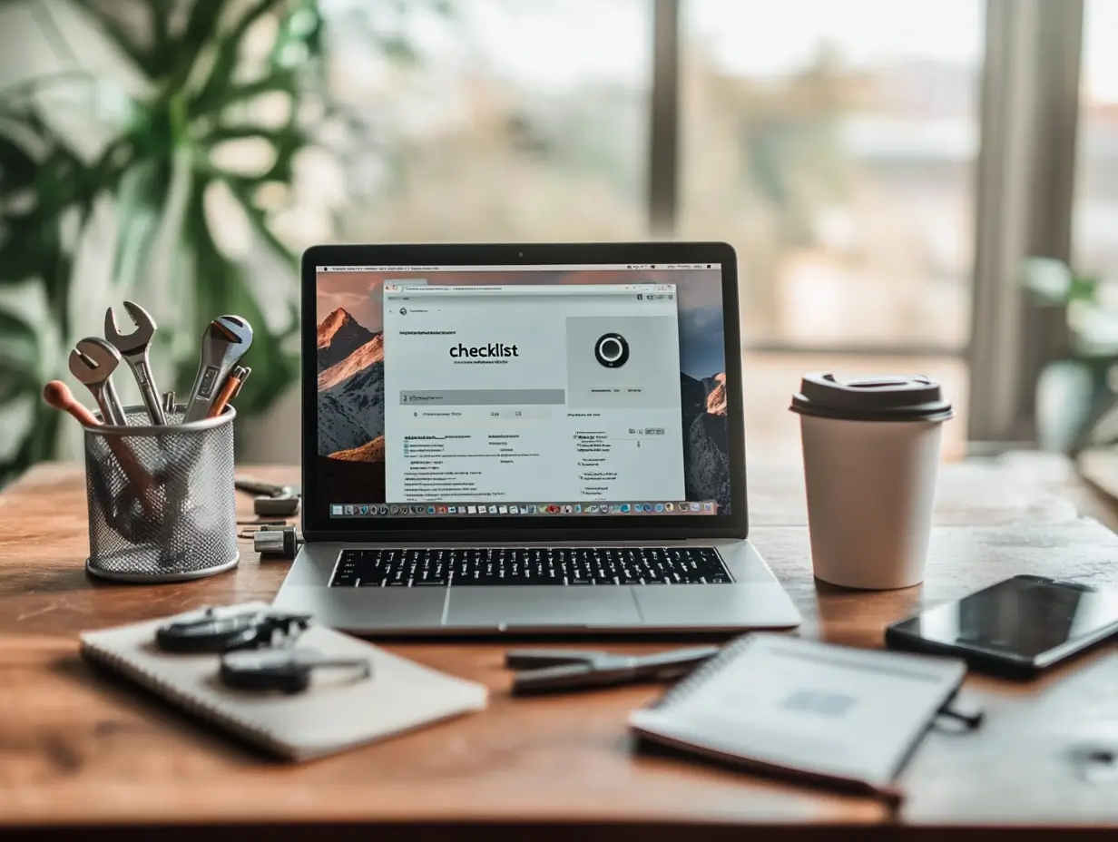 Ordinateur portable affichant une checklist de maintenance WordPress, posé sur un bureau avec des outils et une tasse de café.