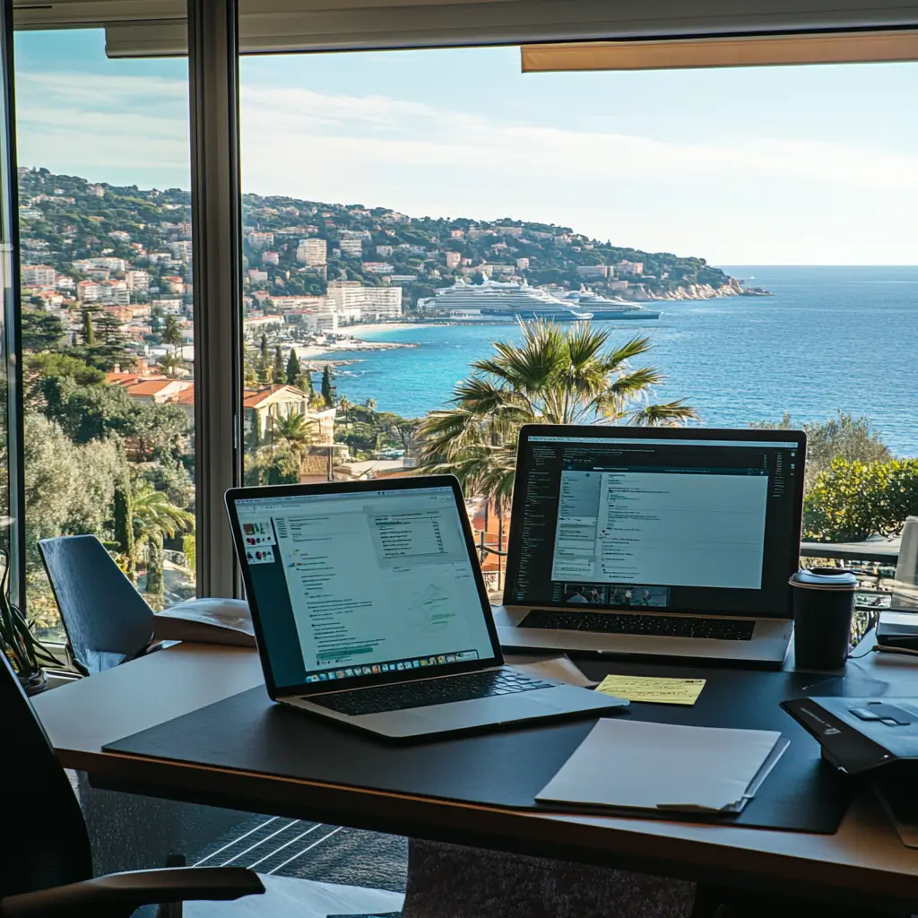 Vue sur la mer Méditerranée depuis un bureau moderne avec des ordinateurs portables travaillant sur un projet de création de site internet à Nice.