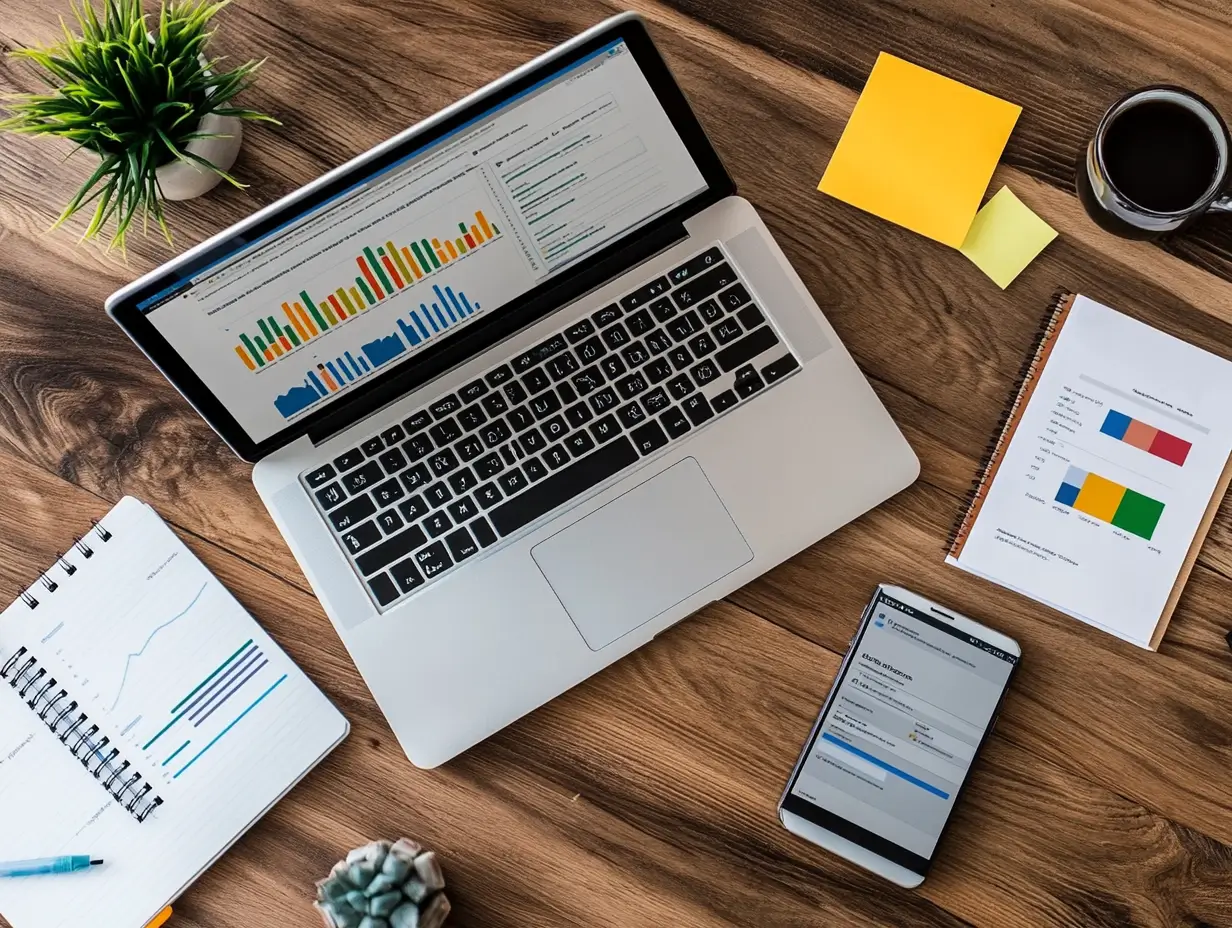 Table de travail avec un ordinateur affichant des graphiques SEO, un smartphone, des blocs-notes et une tasse de café