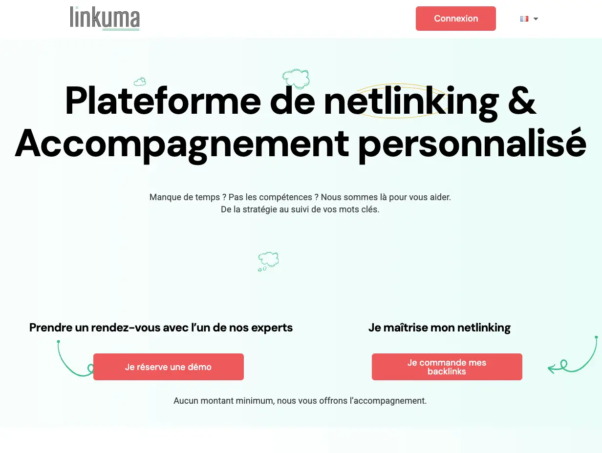 Capture d’écran de la page d’accueil de Linkuma présentant son service de netlinking et d’accompagnement SEO personnalisé