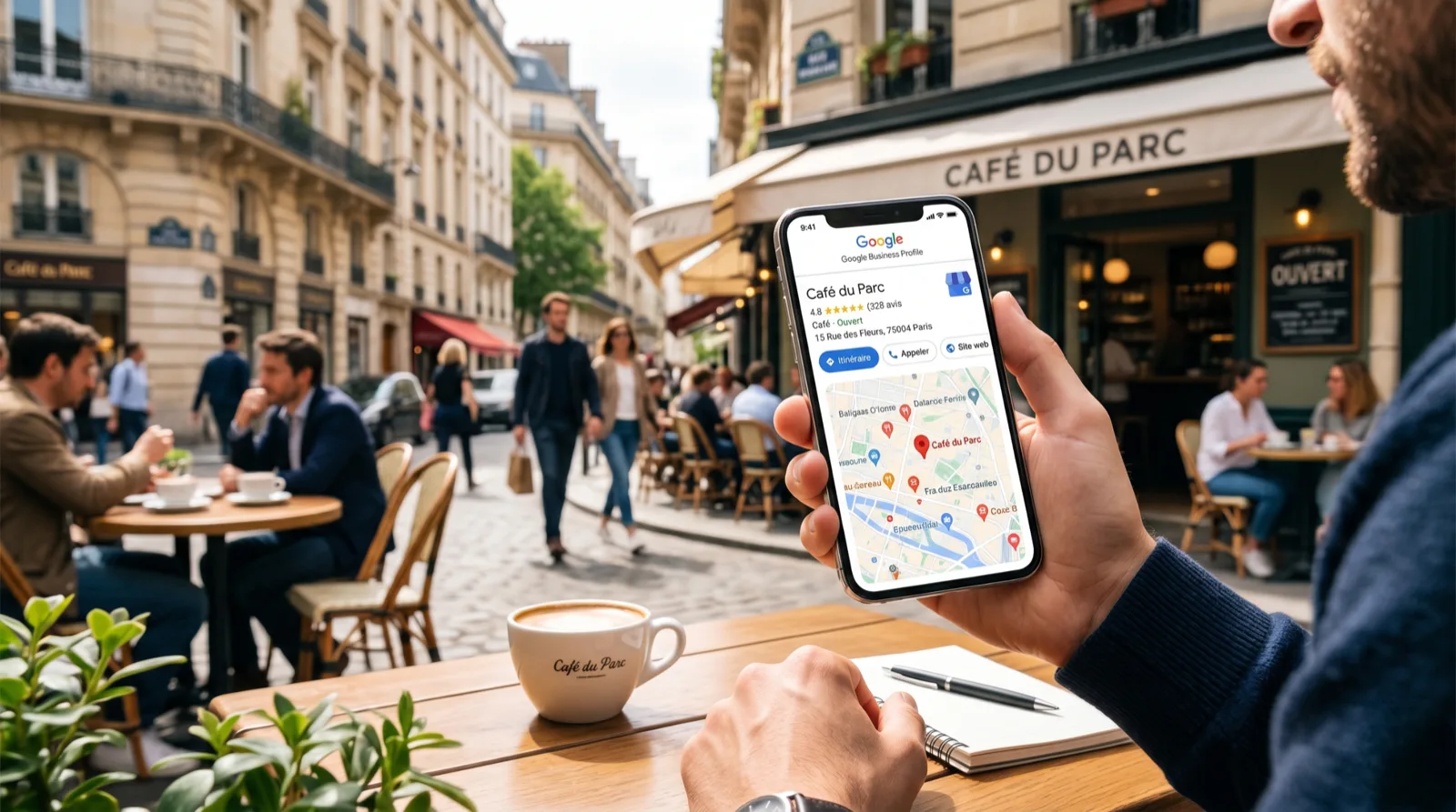 Smartphone affichant une fiche Google Business Profile d'un cafe parisien sur fond de terrasse en exterieur