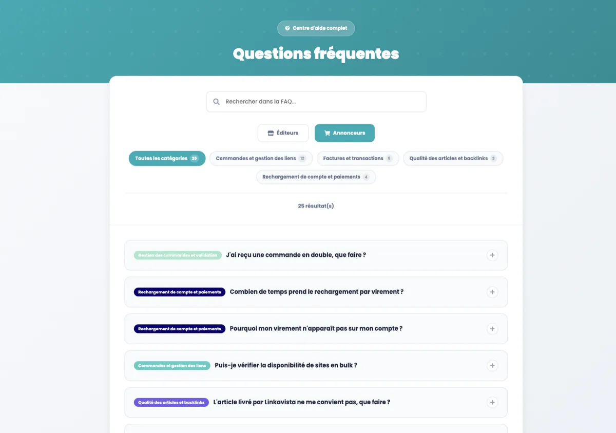 Linkavista centre d'aide — 25 questions fréquentes éditeurs et annonceurs pour commandes, factures, rechargement, qualité des backlinks