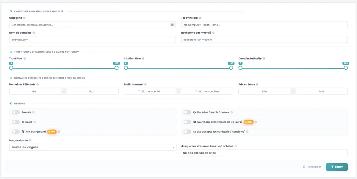 Dashboard Linkavista — filtres catégorie, TTF Principal, Trust Flow, Citation Flow et Domain Authority du catalogue