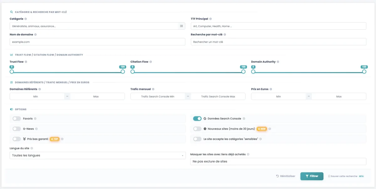 Linkavista filtres Google Search Console activés — Trafic Search Console et données GSC vérifiées pour choisir les spots