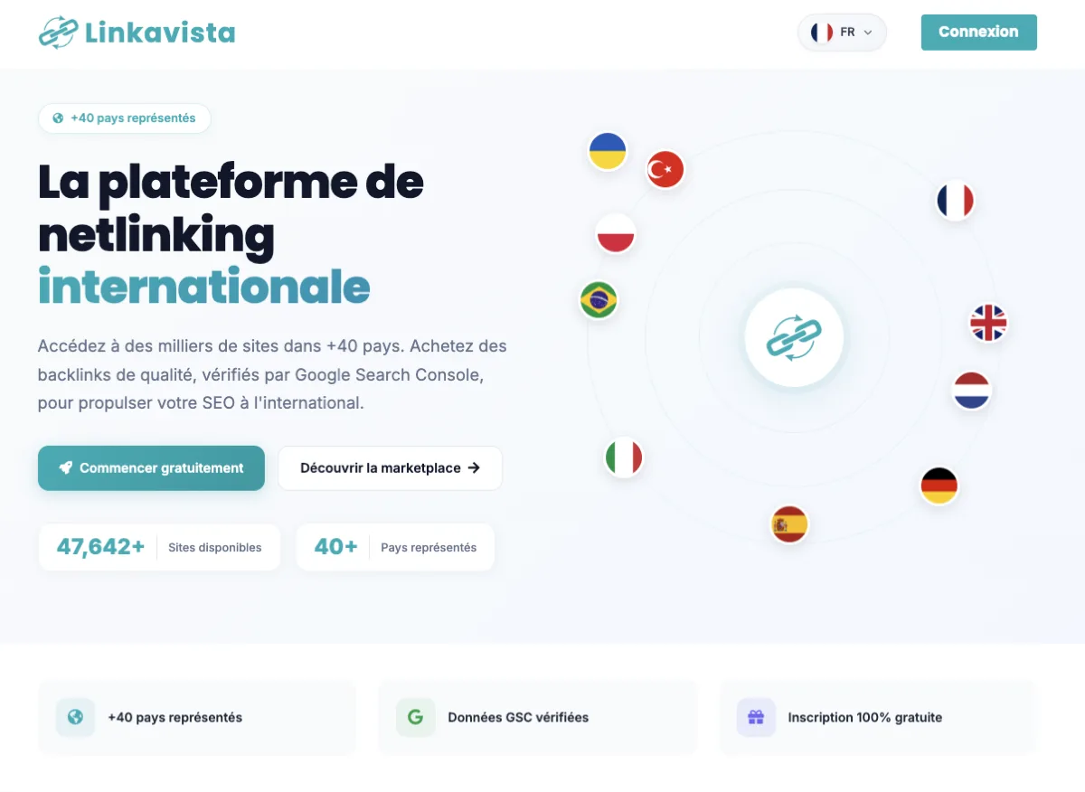 Linkavista plateforme de netlinking internationale — 47 642 sites dans plus de 40 pays vérifiés par Google Search Console