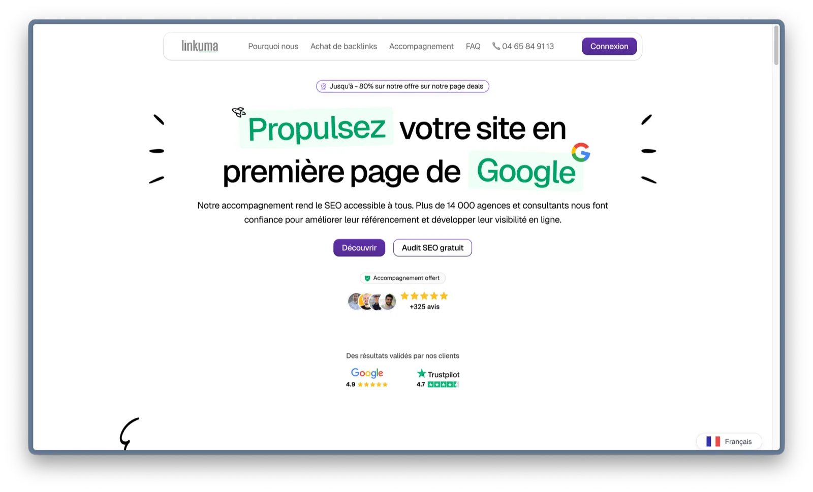 Linkuma avis 2026, homepage Linkuma plateforme de netlinking française avec 14 000 agences clientes