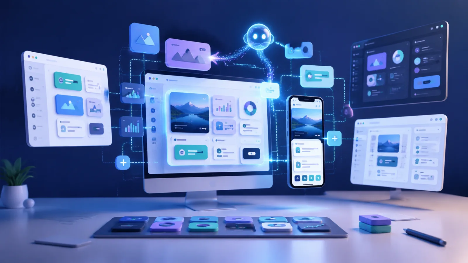 Concept no-code IA : un ordinateur et un smartphone affichant des interfaces d'application entourés de blocs modulaires et d'un assistant IA