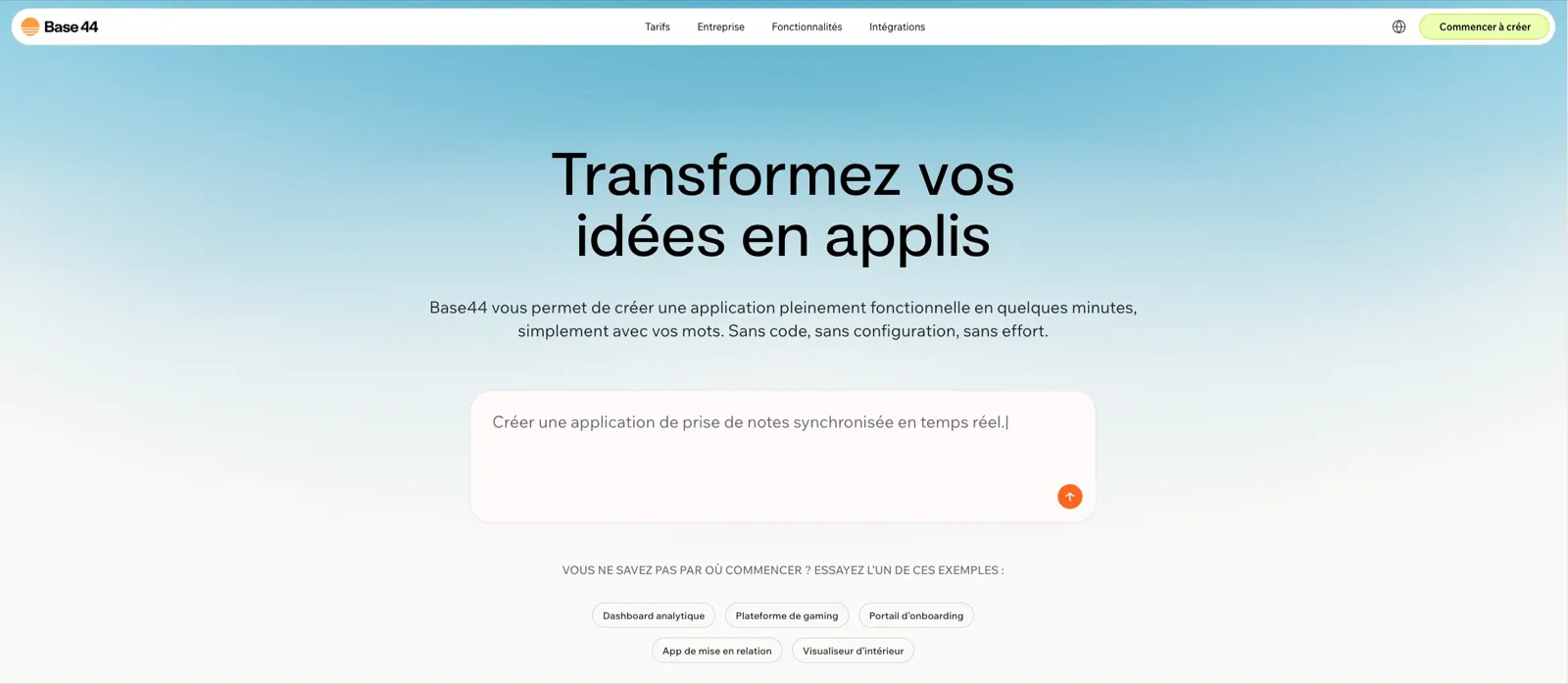 Page d accueil de Base44, createur d application no-code par IA