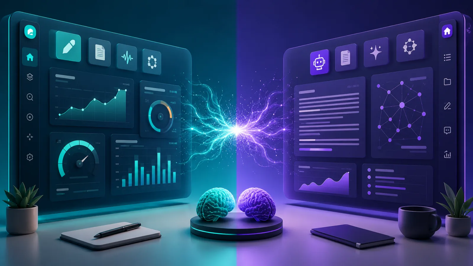 NeuronWriter vs Wisewand : deux tableaux de bord d'outils SEO IA face à face, séparés par un éclair d'énergie