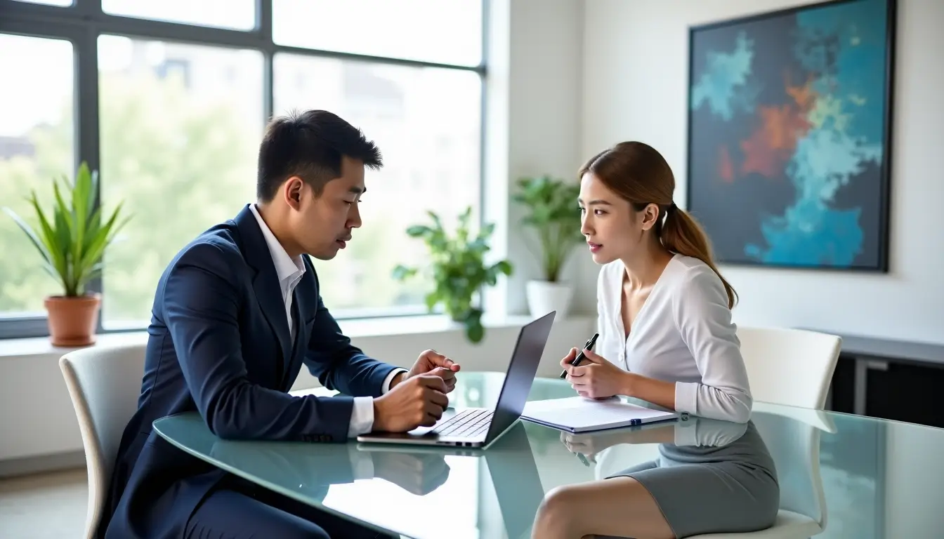 Deux consultants comparent SEO technique et SEO éditorial lors d'une réunion de stratégie web