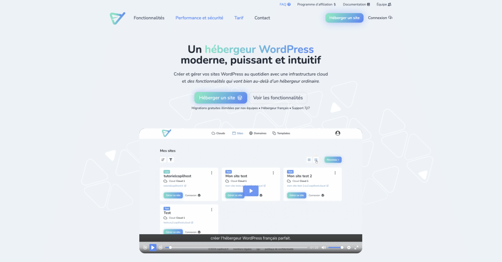 Interface de Copilhost - hébergeur WordPress pour webmasters